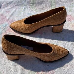 Miista London Elegant Woven Tan Block Heels